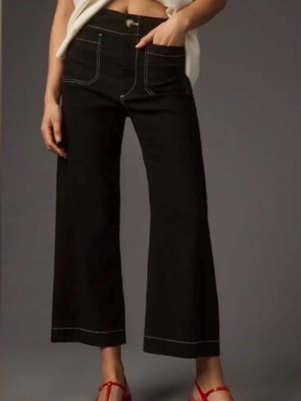 Maeve Black Wide-Leg Cropped Jeans with White Contrast Stitching